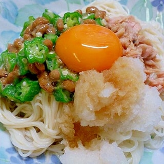 おくらと納豆のぶっかけそうめん